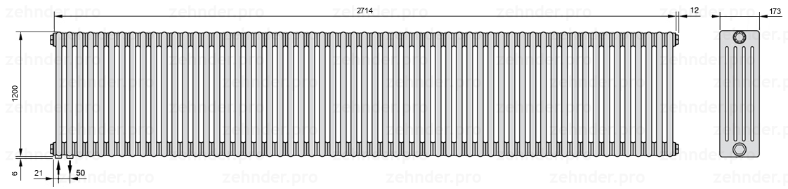 Схема (чертеж) Радиатор Zehnder Charleston 5120/59 №3370 Белый глянцевый RAL 9016